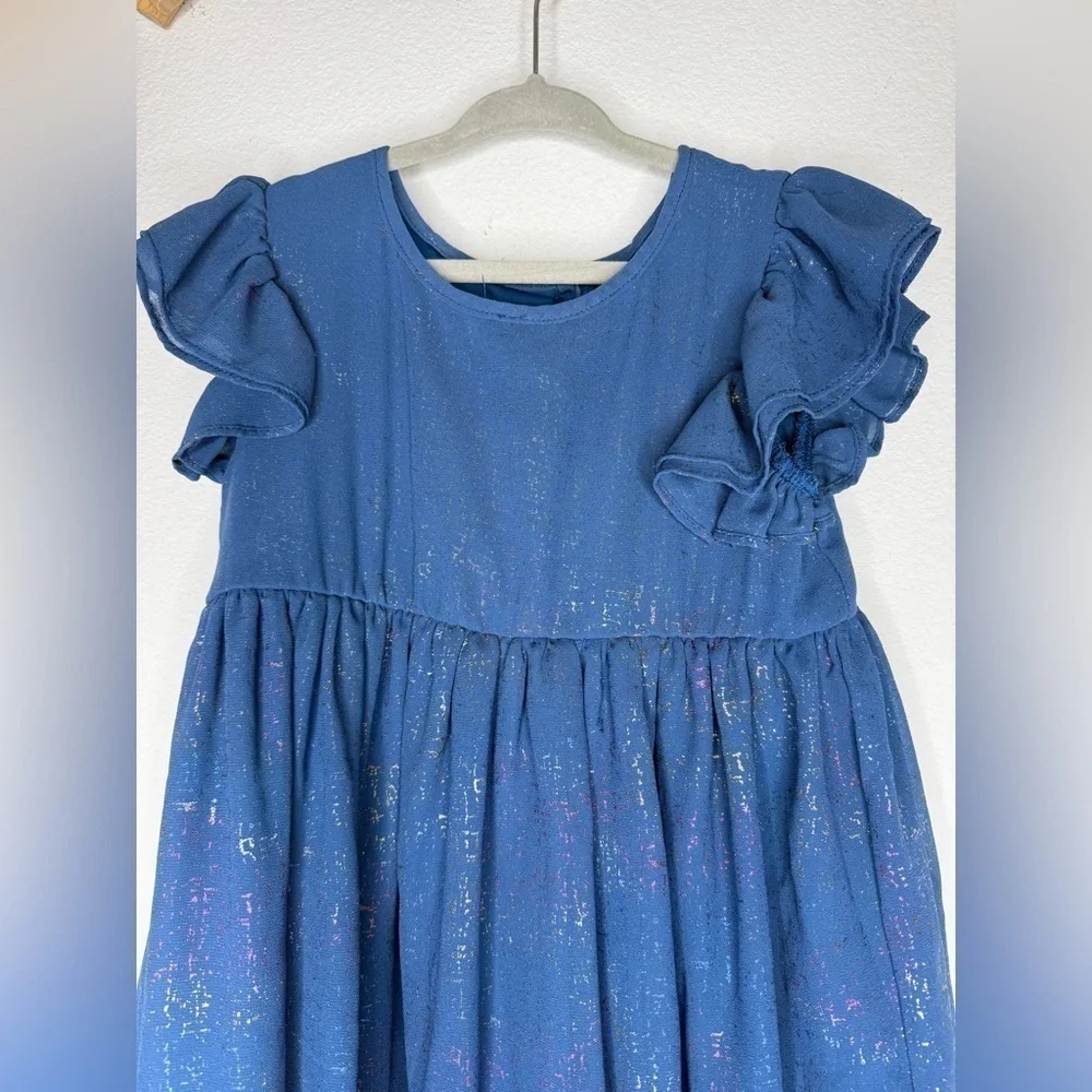 Pastourelle by Pippa And Julie Girls Metallic Blue Chiffon Flutter Sleeve Dress